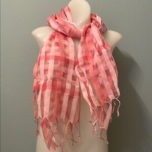 Pink Sheer Plaid Scarf with Fringed Ends